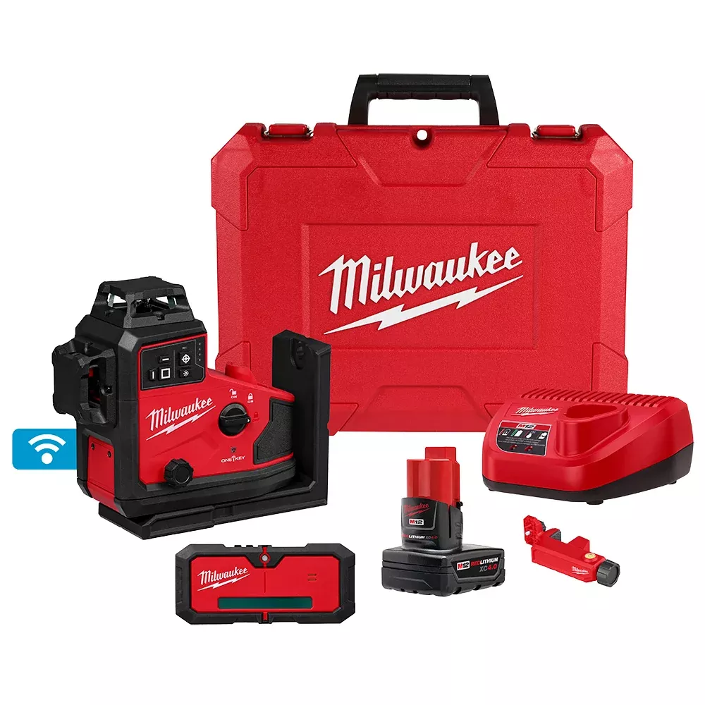 Laser Level Kit - Milwaukee M12™ Green 360° 3-Plane Laser w/ Automatic Alignment & Receiver, 3642-21