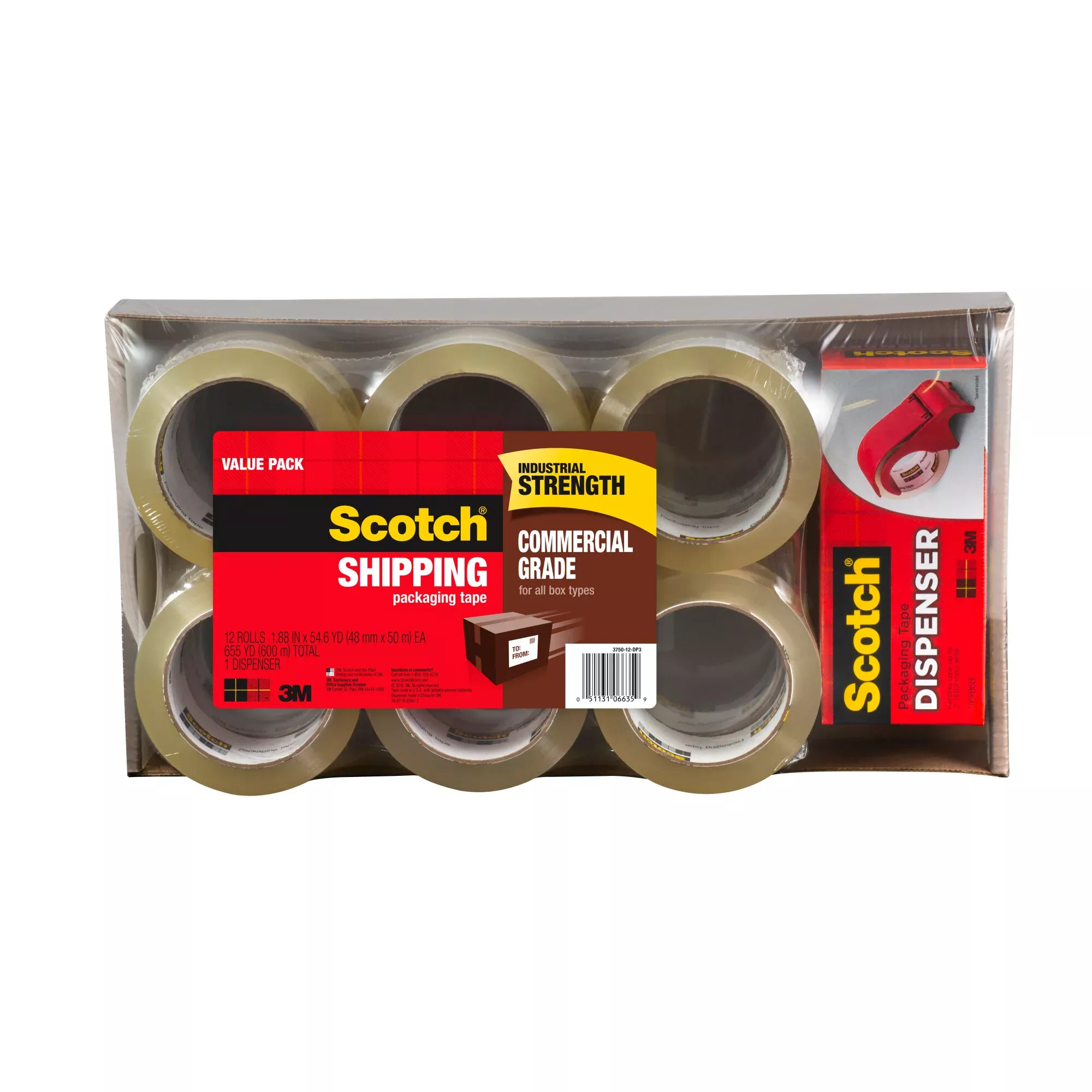 Scotch Commercial Grade Shipping Packaging Tape 3750-12-DP3