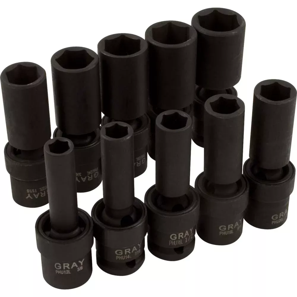 Socket Set - Gray Tools 1/2" Dr. 10 Piece 6 Point Deep SAE Impact Universal Joint Socket Set, 35910