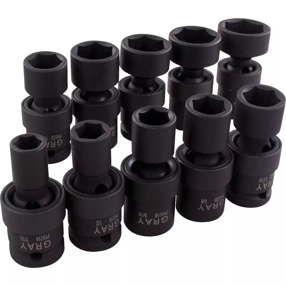 Socket Set - Gray Tools 1/2" Dr. 10 Piece 6 Point Standard SAE Impact Universal Joint Socket Set, 35810