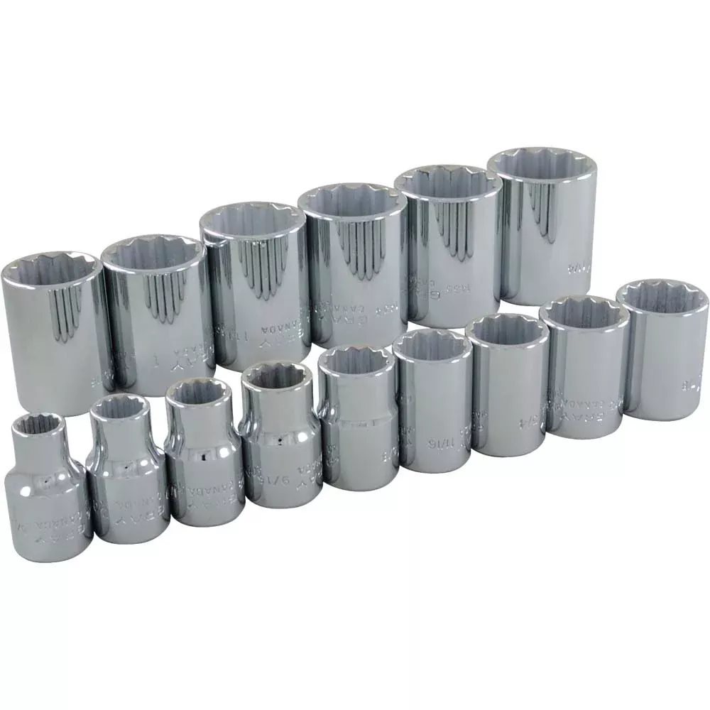 Socket Set - Gray Tools 1/2" Dr. 15 Piece 12 Point Standard SAE Socket Set, 35115