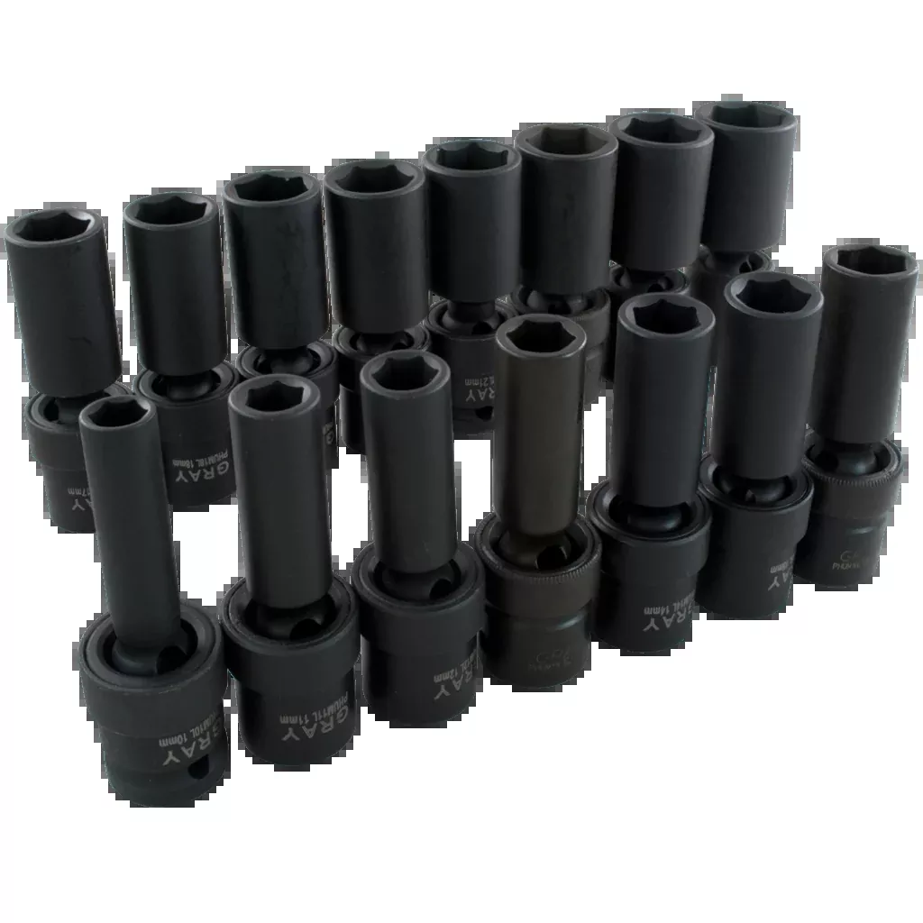 Socket Set - Gray Tools 1/2" Dr. 15 Piece 6 Point Metric Impact U-Joint Socket Set, 36915