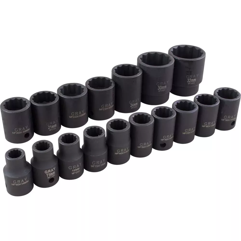 Socket Set - Gray Tools 1/2" Dr. 17 Piece 12 Point Standard Metric Impact Socket Set, 39117