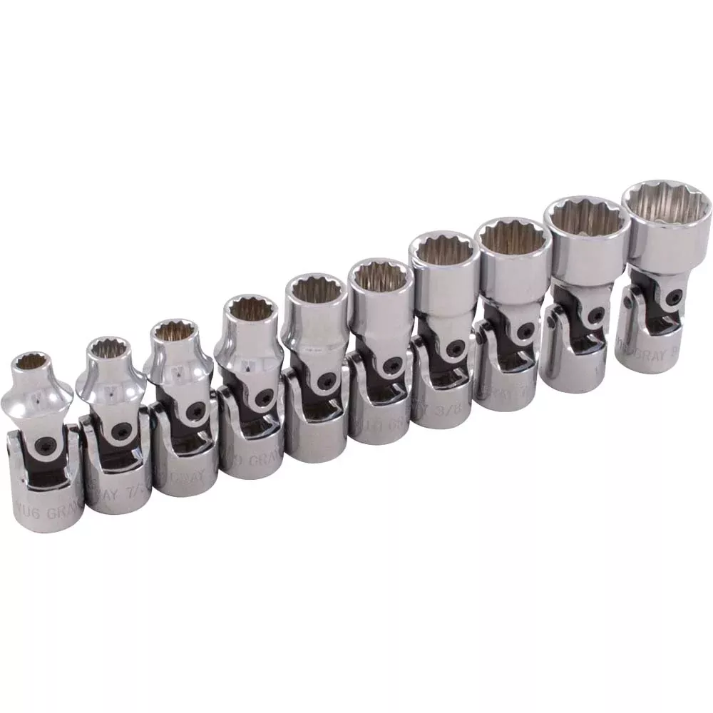 Socket Set - Gray Tools 1/4" Dr. 10 Piece 12 Point Standard SAE Universal Joint Socket Set, 15410