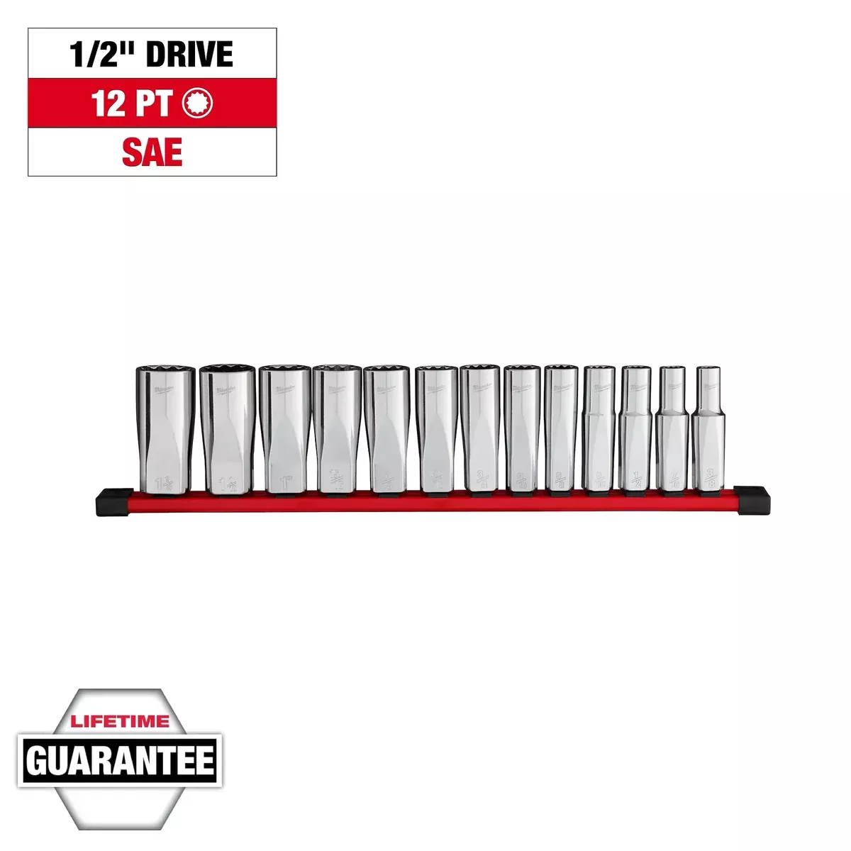Socket Set - Milwaukee 13pc 1/2” Drive 12-Point Deep Well SAE or Metric Socket Set, 48-22-9424 / 48-22-9524