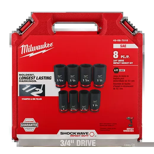 Socket Set - Milwaukee 8PCSHOCKWAVE Impact Duty™ 3/4" Drive SAE Deep 6 Point Socket Set, 49-66-7018